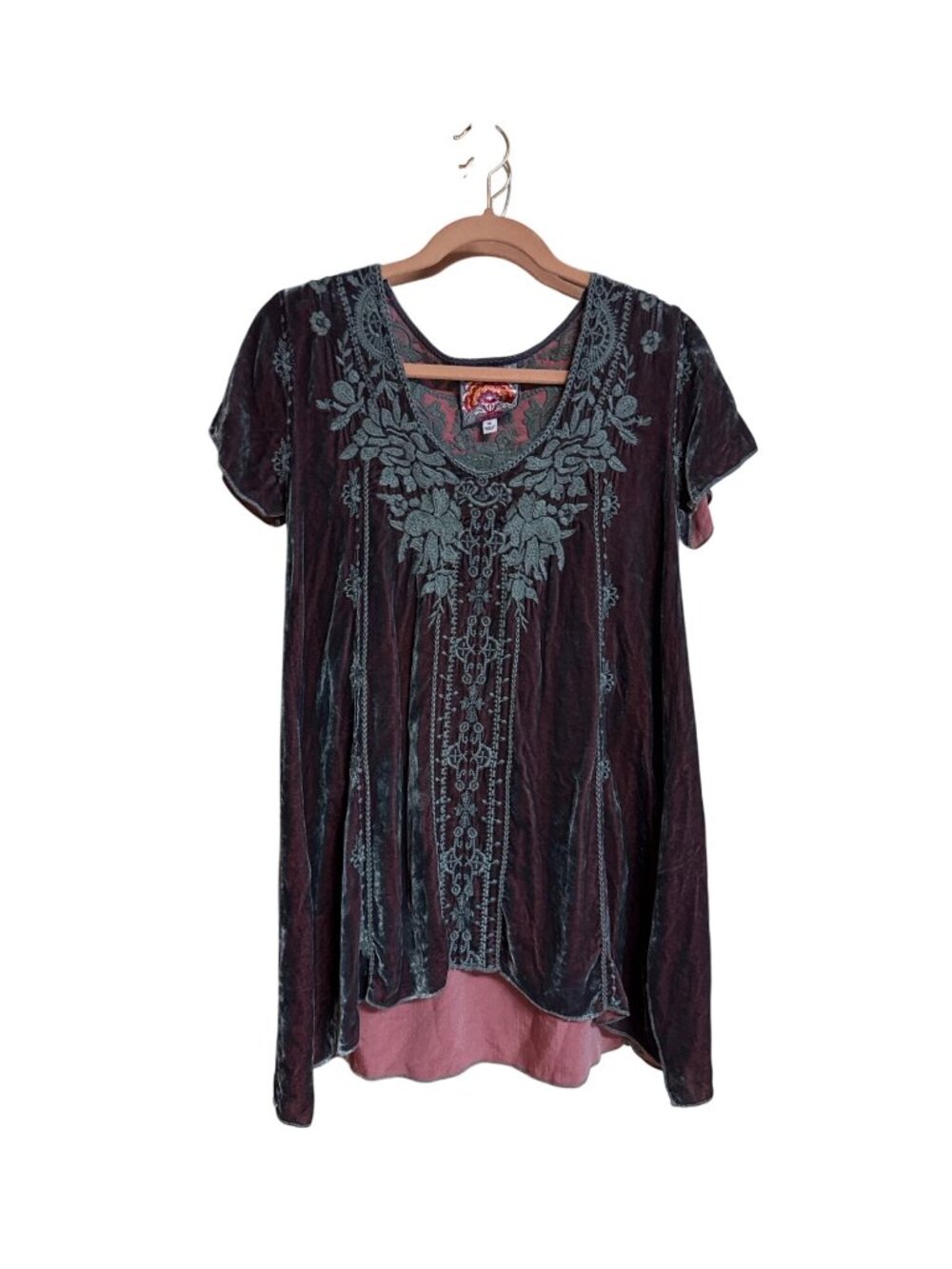 Johnny Was Velvet Embroidered Tunic Top XS Purple & Teal Rayon/Silk Blend